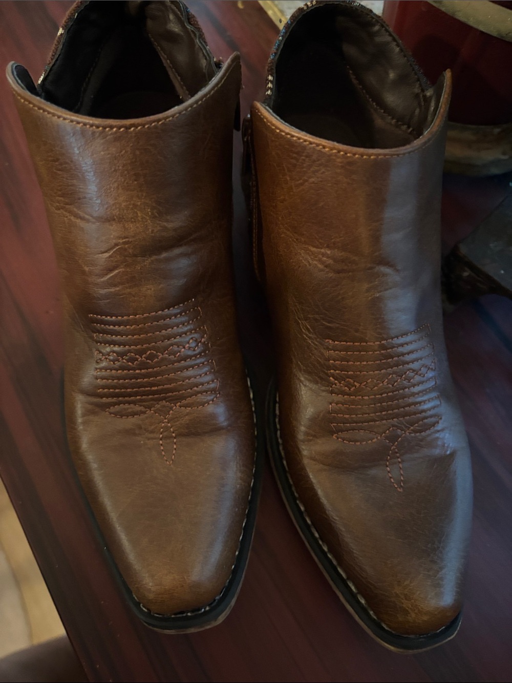 Roper Tan Leather Ankle Booties with Patterned Heel - Picture 2 of 9